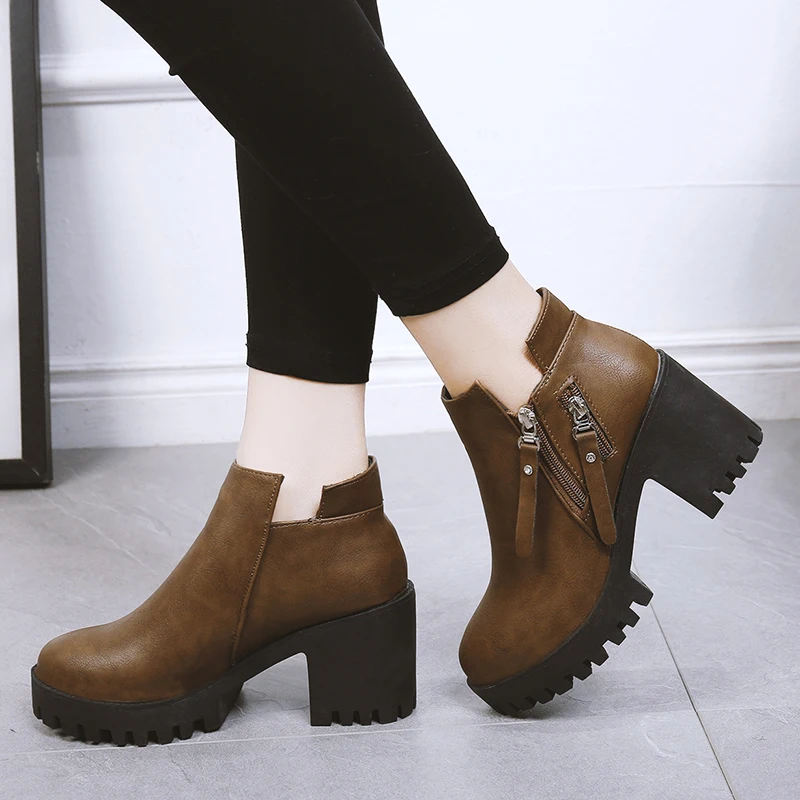 

Fashion Boots Women New Autumn Winter Double Zippers Ladies Shoes High Heels Round Toe Platform Shoes Ankle Boots for Women