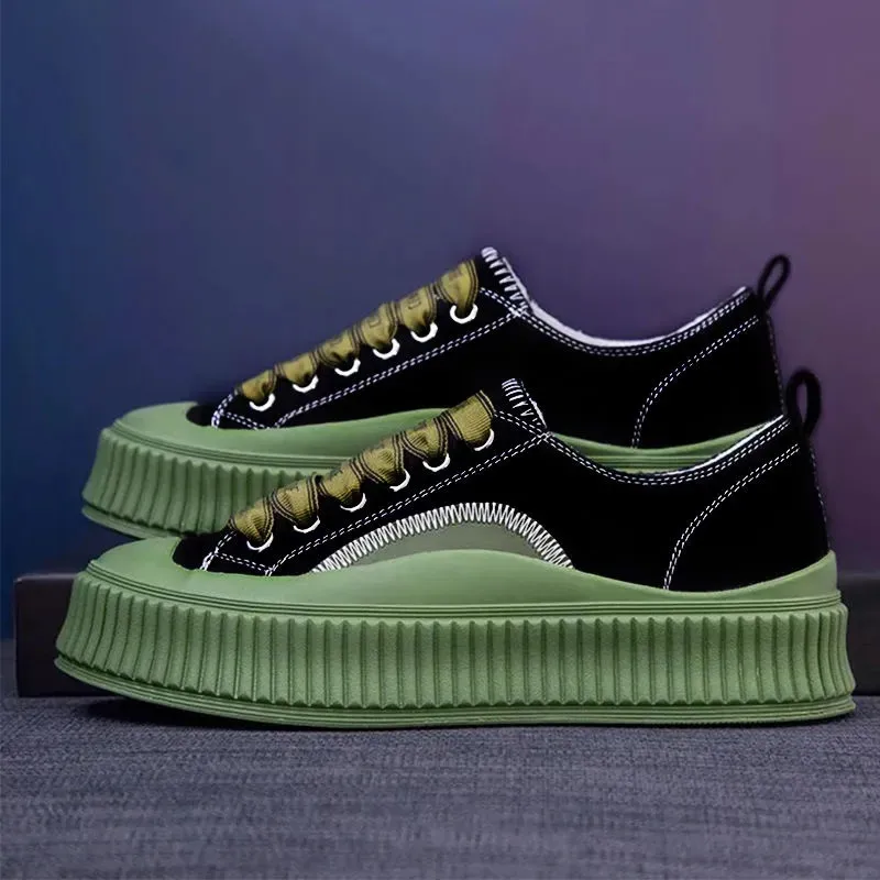 Round Head Lace-Up White Canvas Shoes Retro Non-Slip Green Platform Shoes High Quality Heighten Flat Casual Vulcanize Shoes