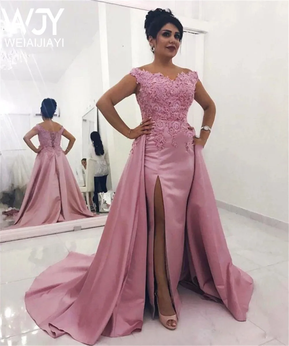 

Pink Long Unique High Leg Side Split Long Off The Shoulder Evening Party Gowns Appliques Satin Elegant prom Dresses Lace up Lady