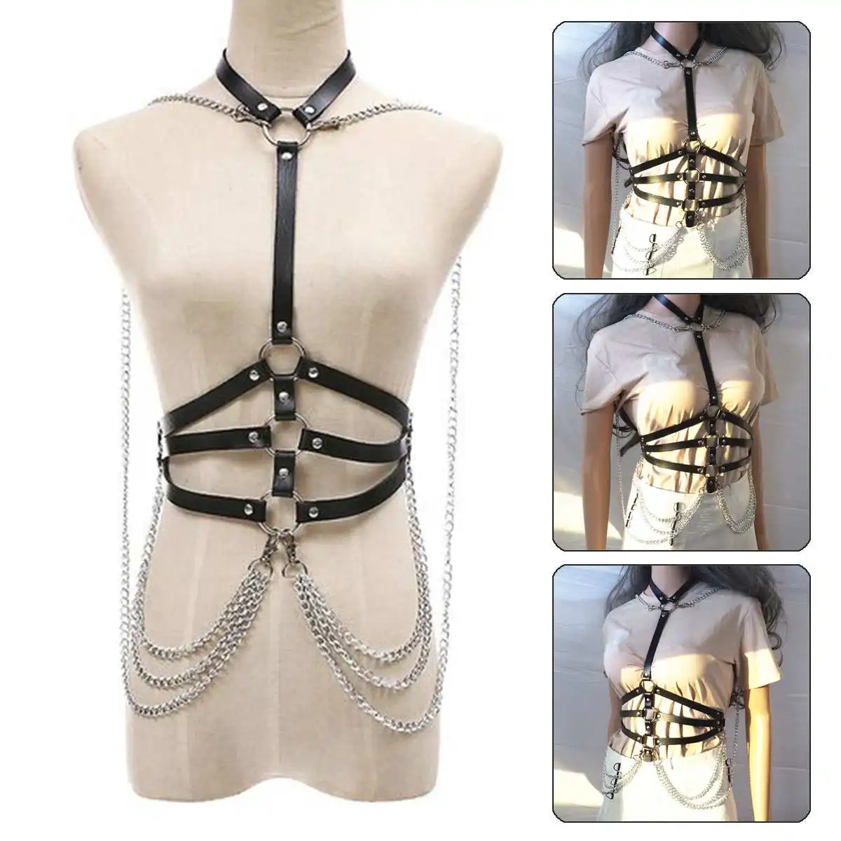 

Sexy Women suspenders chest leather belt harajuku gothic lingerie Adjustable bondage holographic metal chain tassel harness