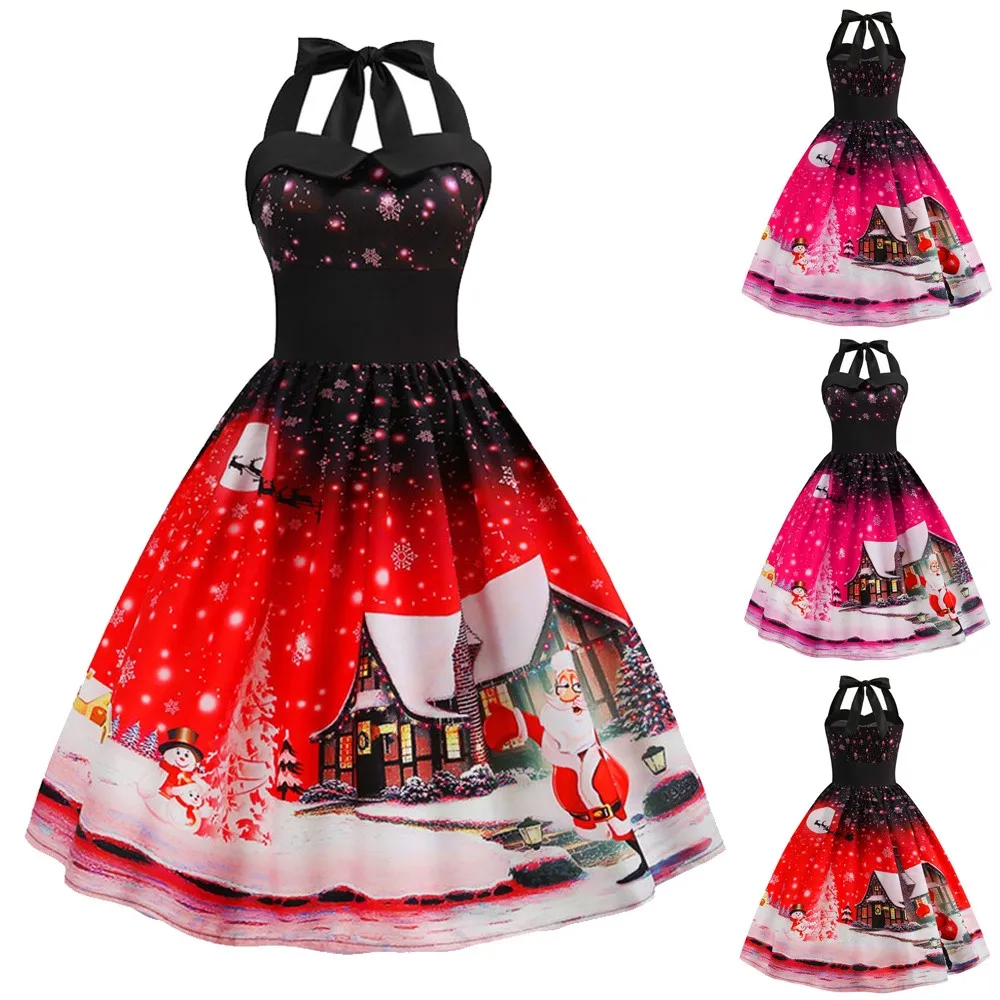 Вечерние женские платья в винтажном стиле с рождественским принтом без рукавов