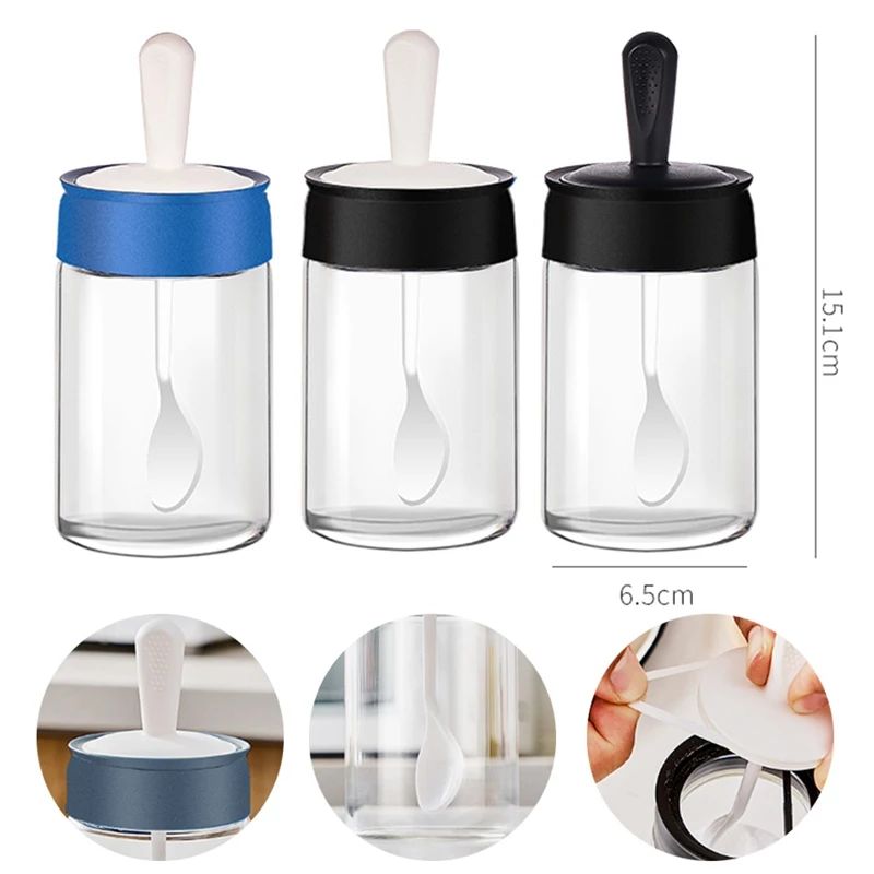 

Glass Seasoning Pot Kitchen Spoon Cover Integrated Seasoning Pot Box Household Salt Pot Spice Bottle Sealed Leak-proof