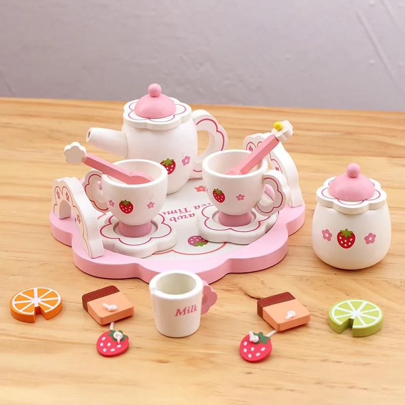 

Wooden Play House Kitchenware Toy Pink Simulation Afternoon Tea Set Pretend Play Exercise Baby's Hands-on Ability Gift For Kids