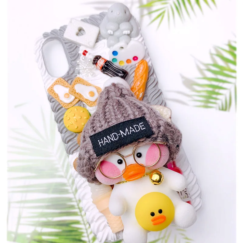 

Handmade For iPhone 12 pro max DIY case iP 6/6s Cartoon Duck Phone Shell XS MAX XR cute Cream Candy Food DIY Cover iP 11 7/8plus