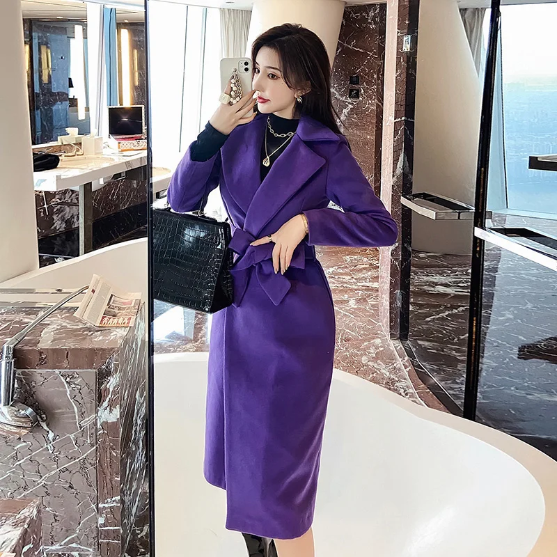 

Женское шерстяное пальто средней и большой длины, новинка 2021, женское утепленное элегантное фиолетовое шерстяное пальто для осени и зимы