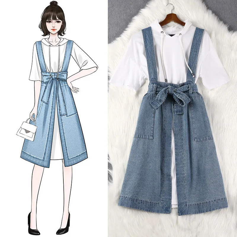 костюм джинсы редуктор 2020 толстый Mm обтяжка плечевой ремень юбка удлиненный код