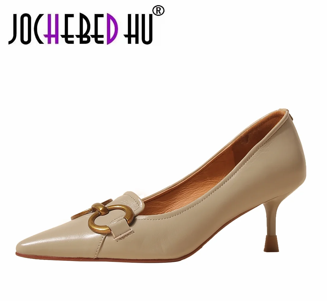

【JOCHEBED HU】women shoe cowhide leather slip on women pumps pointed toe Shoes on heels 6CM high heels with chains spring simple