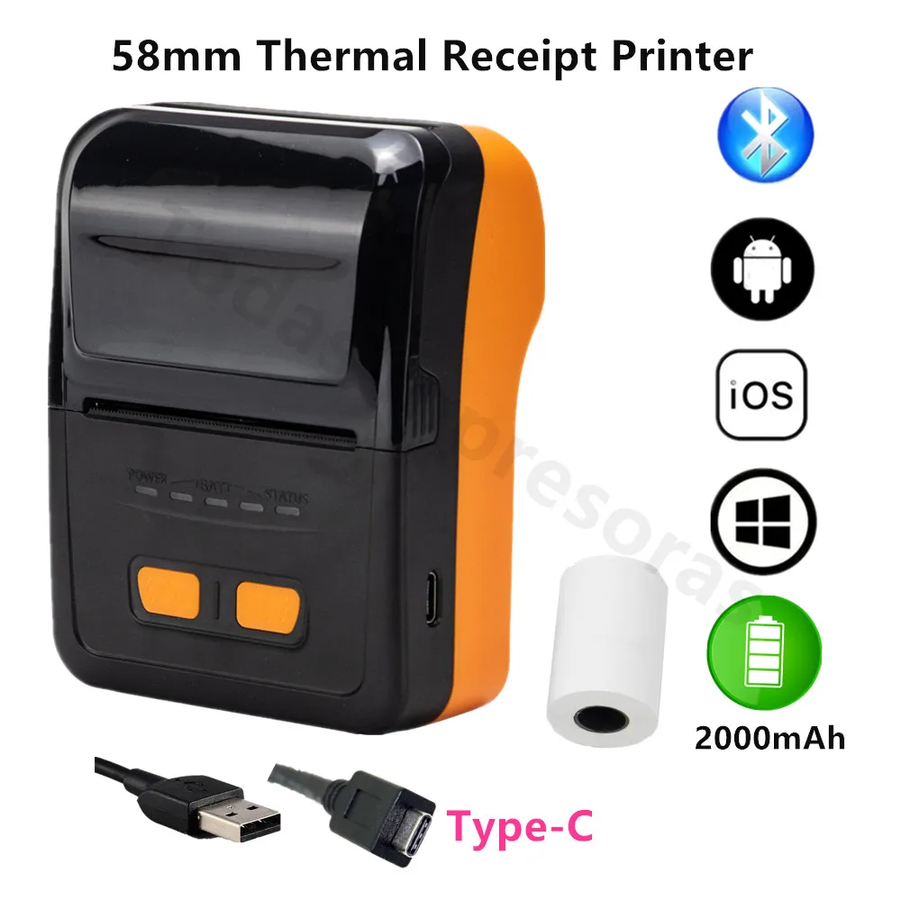 Мини 58 мм 2 ''Термальный чековый принтер Bluetooth Type-C Android IOS Windows USB порт POS