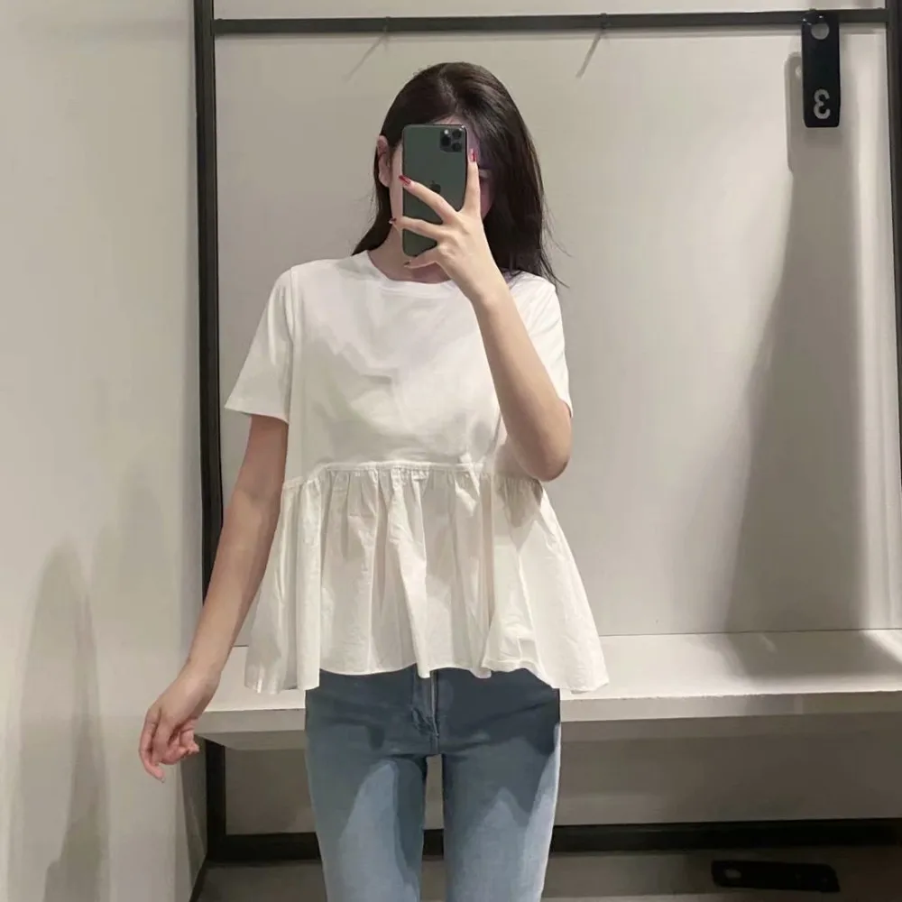 

2021 summer ZA new short skirt pleated stitching loose short-sleeved T-shirt for women 0858065 0858/165