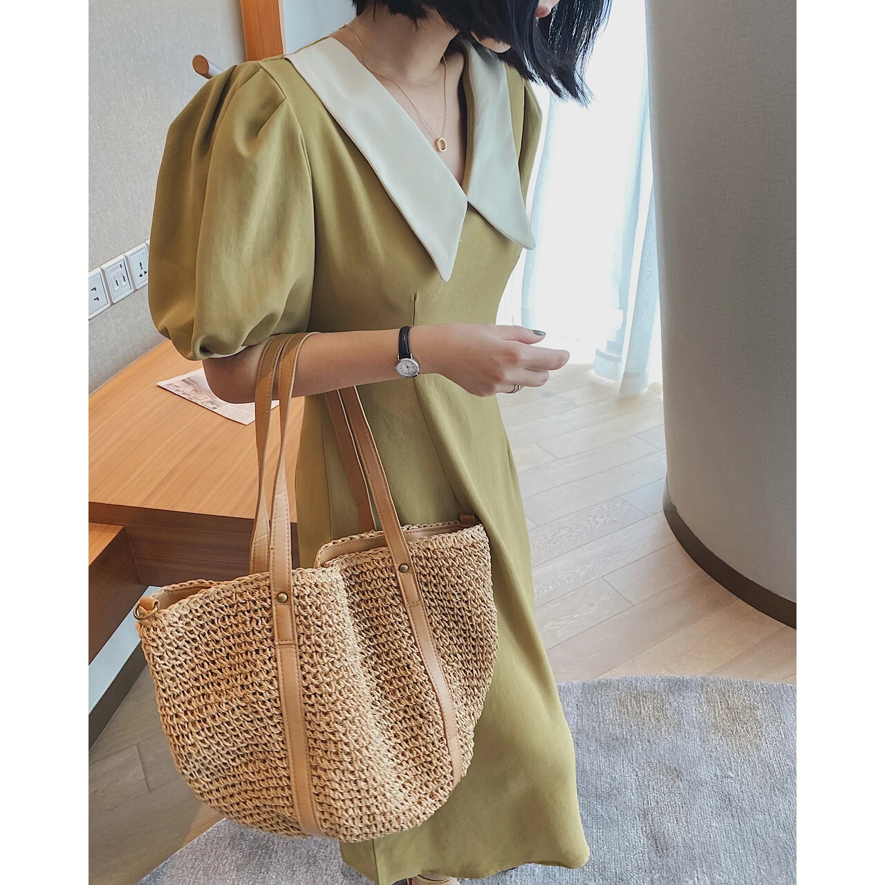 

2021 Women Collar Green Midi Long Maxi Summer Dress Robe Za Woman Casual Party Sundress Y2k Clothes Elegant Light Ladies Gothic