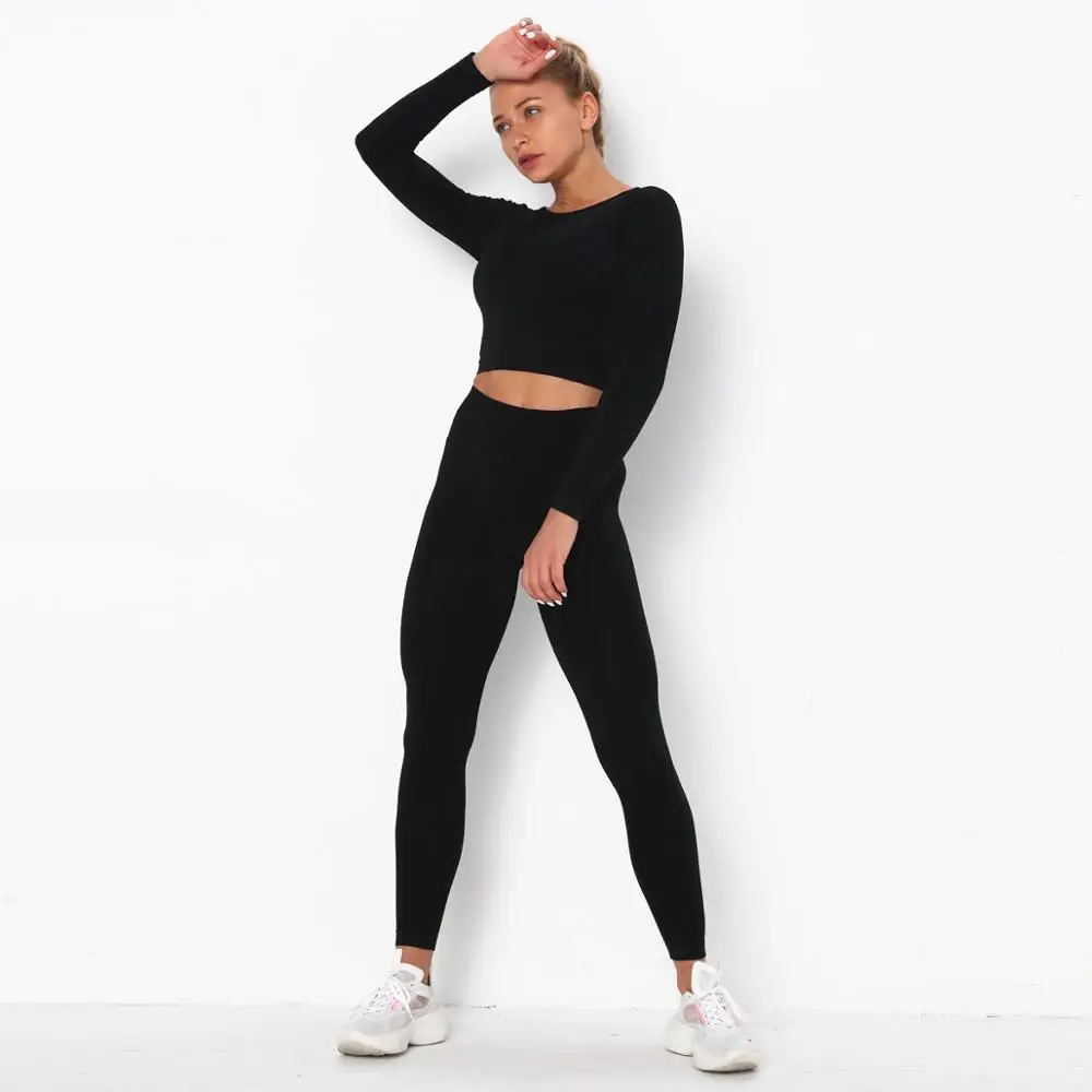 

New Sportswear Autumn Winter Seamless Pants Fitness Crop Top Leggings 2 Pieces Suit Set Fashion Gym Clothes Tracksuit for Woman