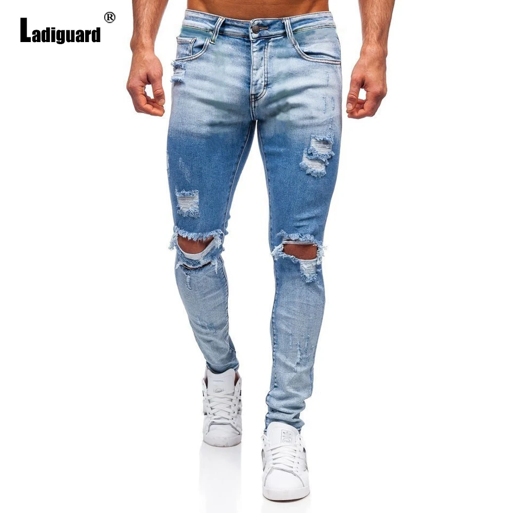 Ladiguard Sexy Ripped Jeans Denim Pants Men Casual Hole Pantalon 2022 European and American style Fashion Zipper Spliced Trouser