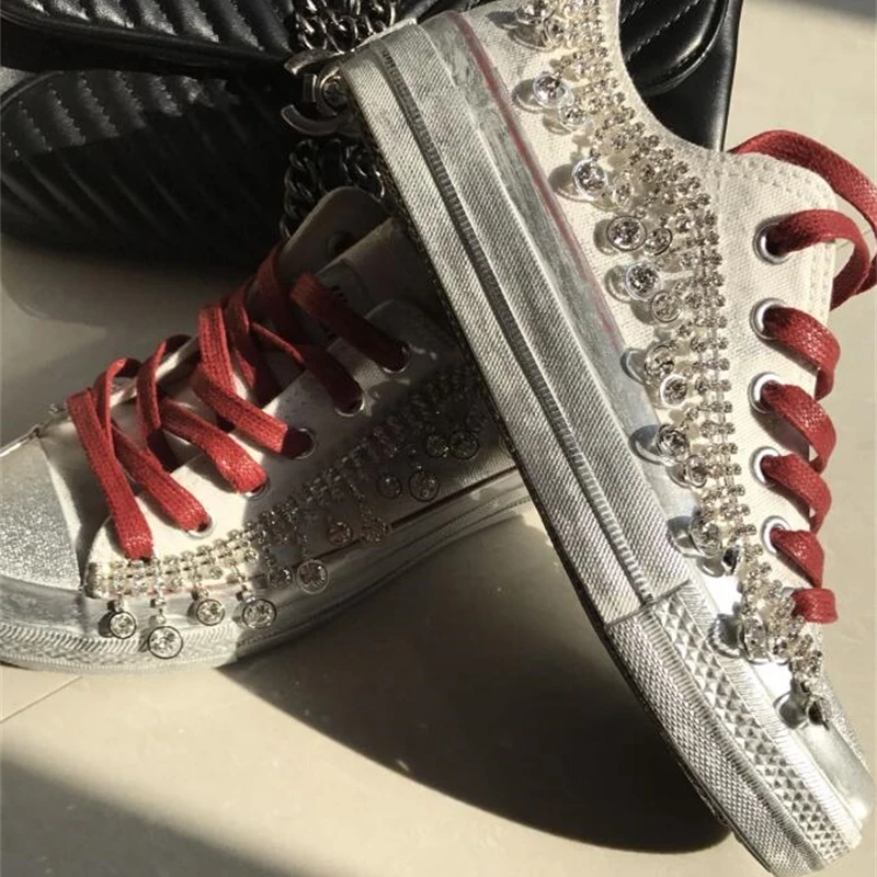 

diy Korean diamond flat shoes retro dirty shoes lace old white shoes light luxury casual style women shoes