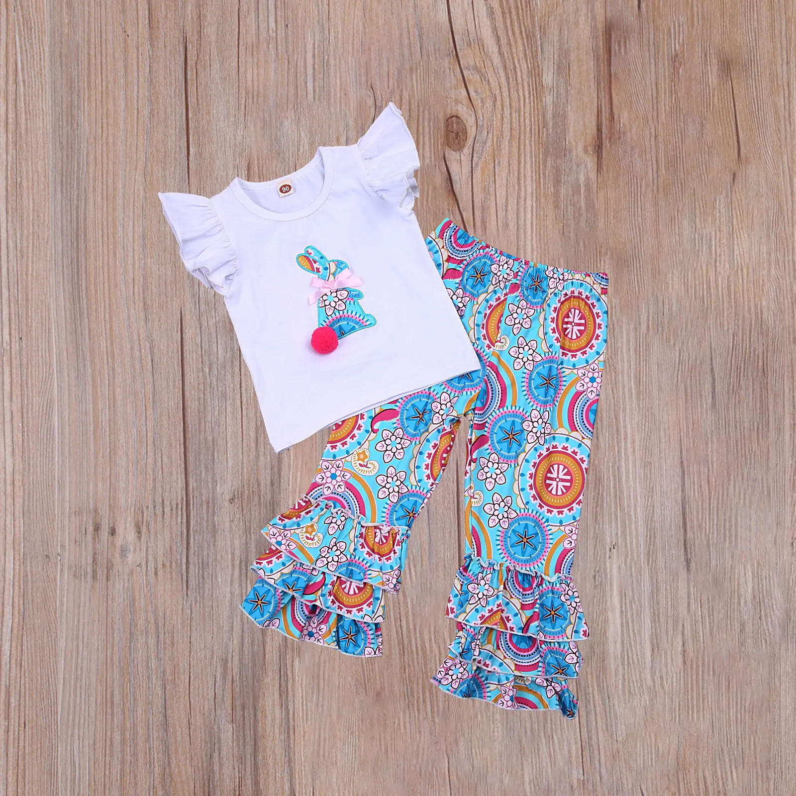 

Easter KId Girl's Two Piece Set, Baby's Fly Sleeve Shirt Round Neck Rabbit Pattern Tops and Floral Pants for Children