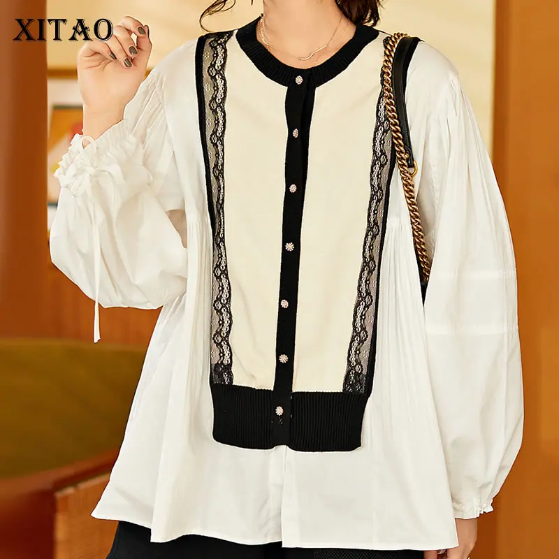 

XITAO кружевная жаккардовая трикотажная блузка, модная новинка, Женский плиссированный пуловер богини веер, 2021, весна-осень, рубашка с одной г...
