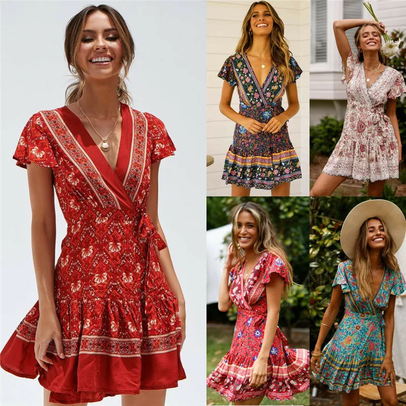 Hirigin Boho Летнее женское платье с цветами высокая талия шнуровка пляжный сарафан