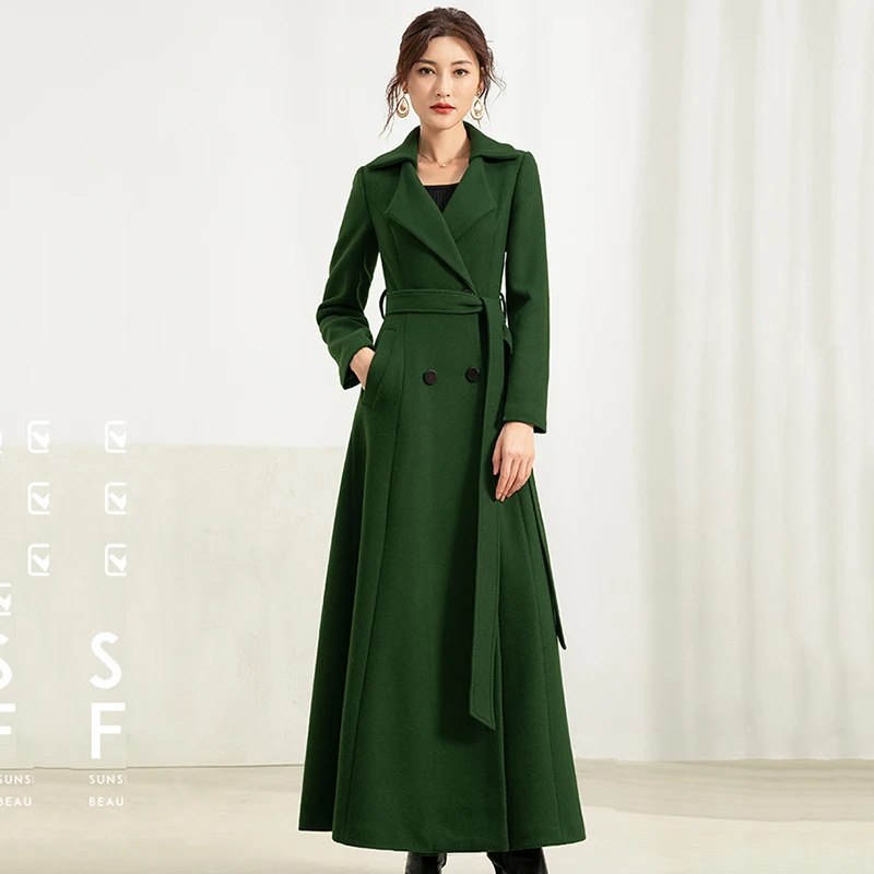 

New Women Woolen Overcoat Autumn Winter Fashion Elegant Suit Collar Thicken Warm Lacing Slim Long Wool Blends Coat Female Green