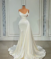luxurious strapless pearls sleeveless wedding dresses lace pleat mermaid sweep train bride gowns abito da sposa