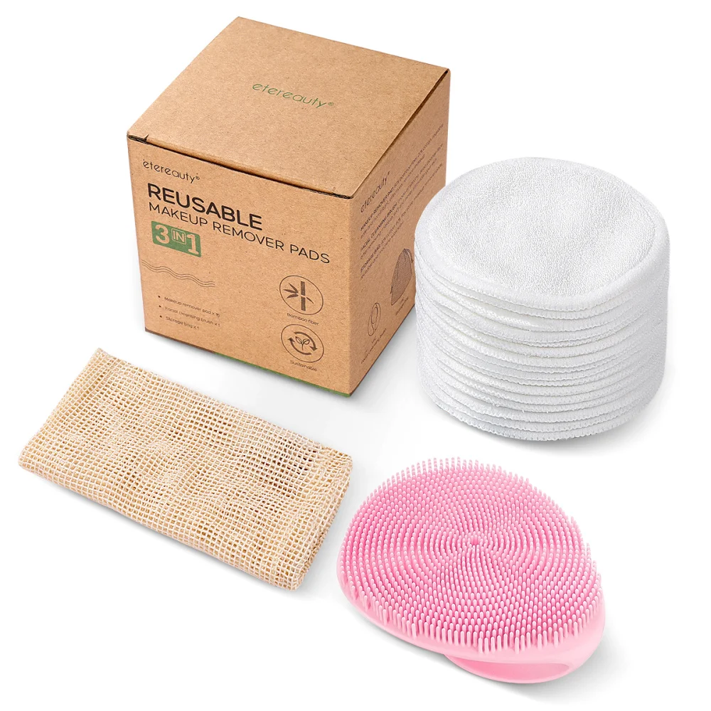 

ETEREAUTY 16PCS Makeup Removal Facial Cotton Cosmetics Remover Pads with Silicone Cleaning Brush Storage Bag )