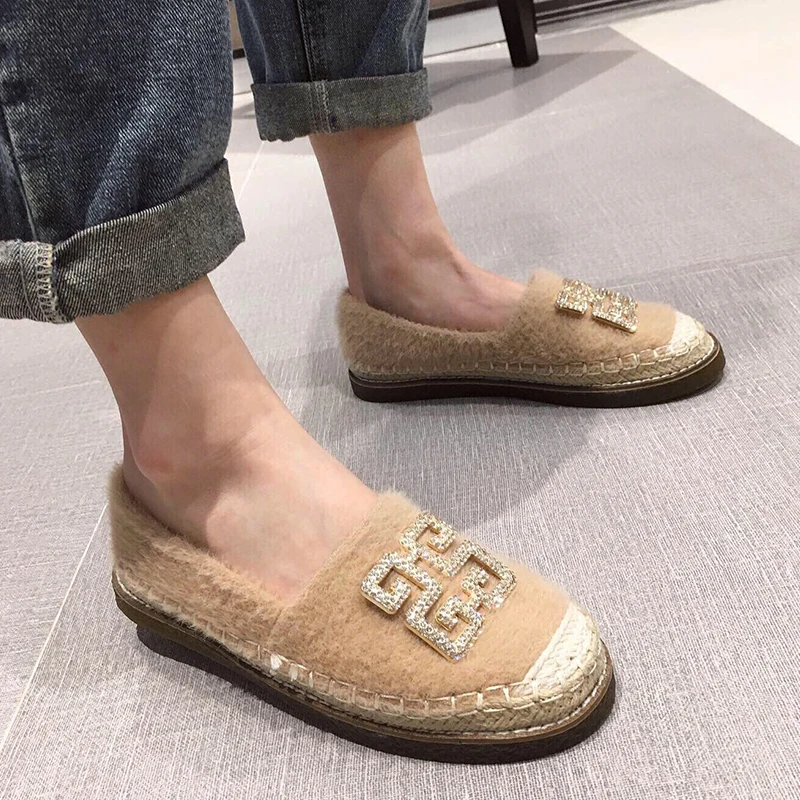 Меховые лоферы Женские эспадрильи на плоской подошве Брендовая Дизайнерская