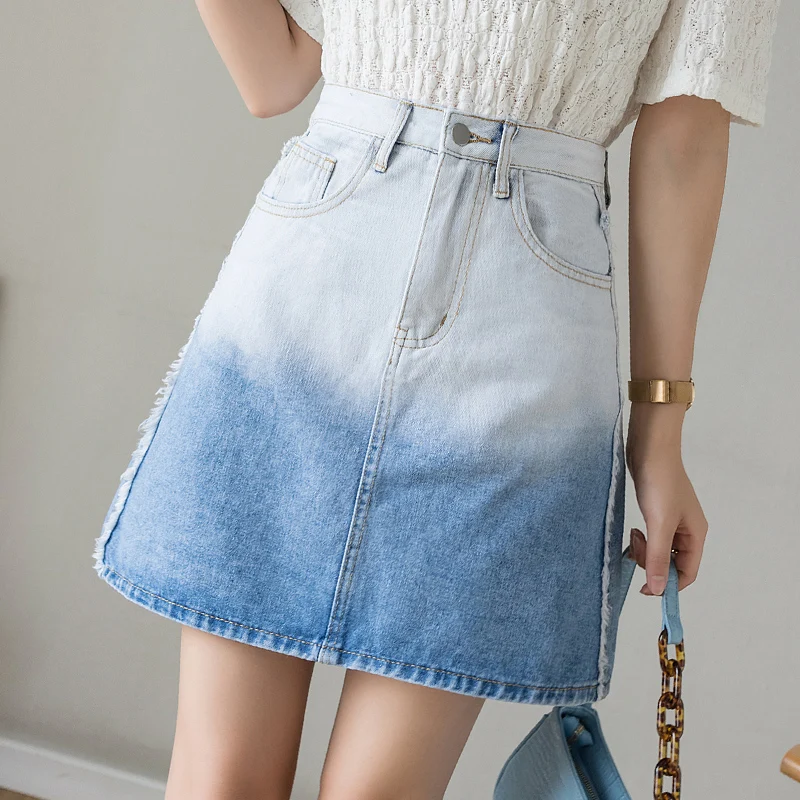 

y2k Gradient Denim Skirt Women's Summer 2021 New Fringed High-waisted A-line Mini Skirt Fashion Korean Skirts trend