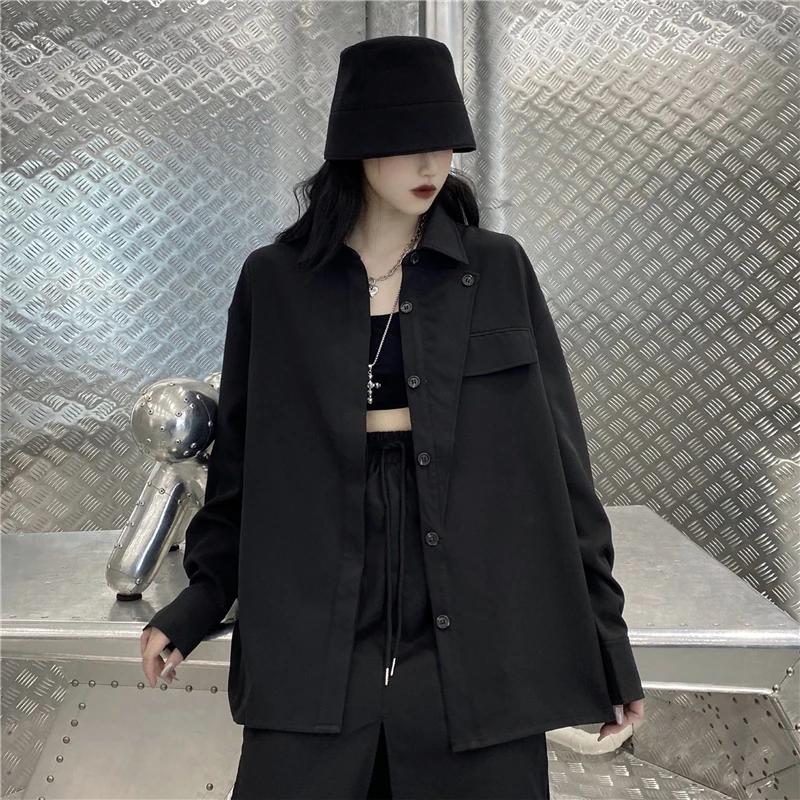 

Autumn New Korean Ins Harajuku Black Blouses Loose Long Sleeve Shirts Streetwear Ladies Tops Hipster Plus Size Women Clothing