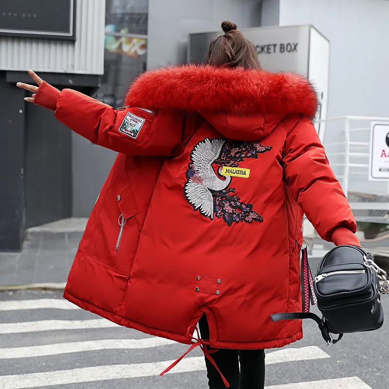 

Nice Winter Pop Women Jacket Big Fur Collar Hooded Slim Outwear Long Parka Down Cotton Padded Thicken Coat Outwear Ladies R1009