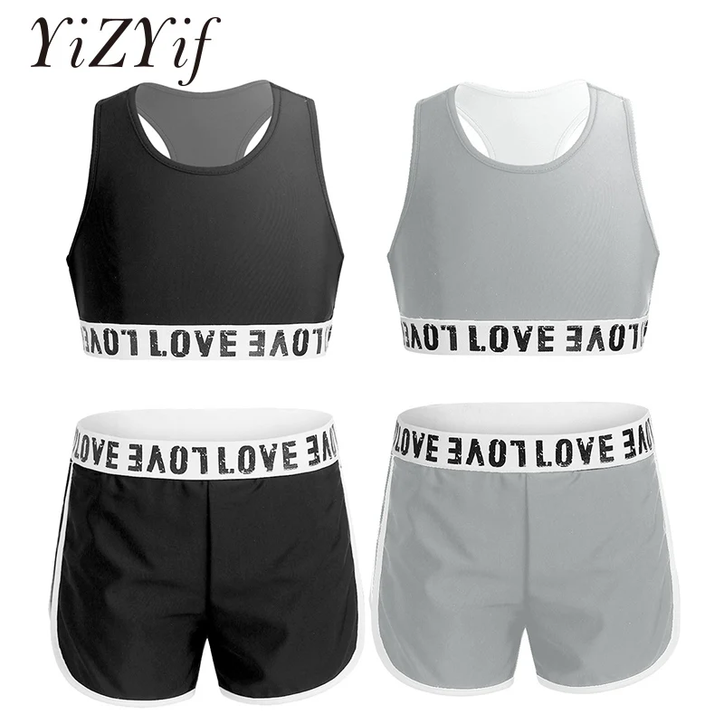 

Kids Girls Gymnastic Dancewear Athletic Outfit Letter Printed Racer Back Tanks Crop Top with Bottoms Ballet Dance Gym Workout
