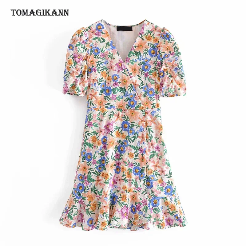 

Women Dress 2021 Summer Boho Casual Beach Floral Print Female Holiday V Neck Short Sleeve Ruffles Mini Dresses
