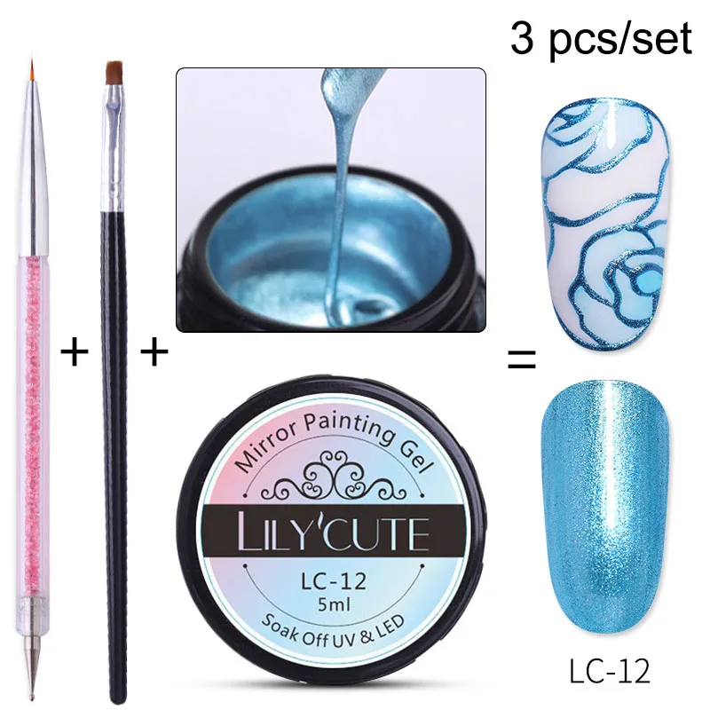 3pcs LC-12 LILYCUTE металлическое зеркало набор гель-лаков для ногтей металлическое зеркало Гель-лак для живописи Нейл-арт Рисование длительное впитывание УФ-гель - Цвет: 3pcs LC-12