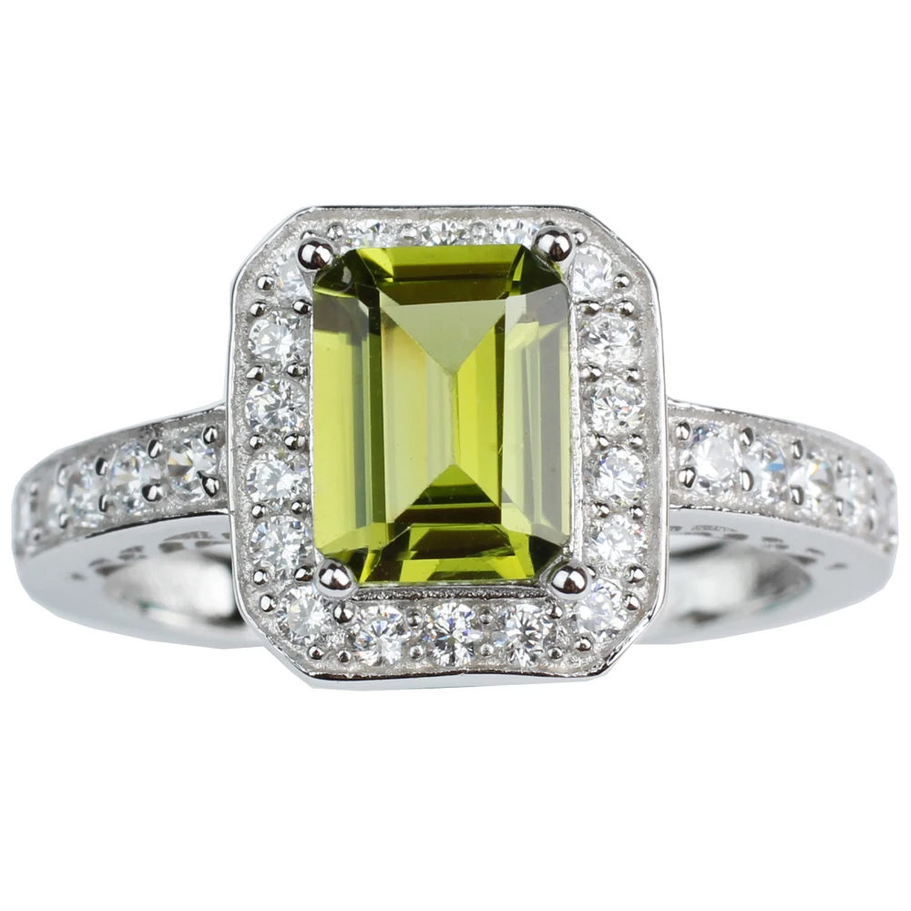 

Natural Green Peridot Ring Women Silver 925 Band Wedding Design 6x8mm Emerald Cut Gemstone Jewelry August Birthstone R005GPN