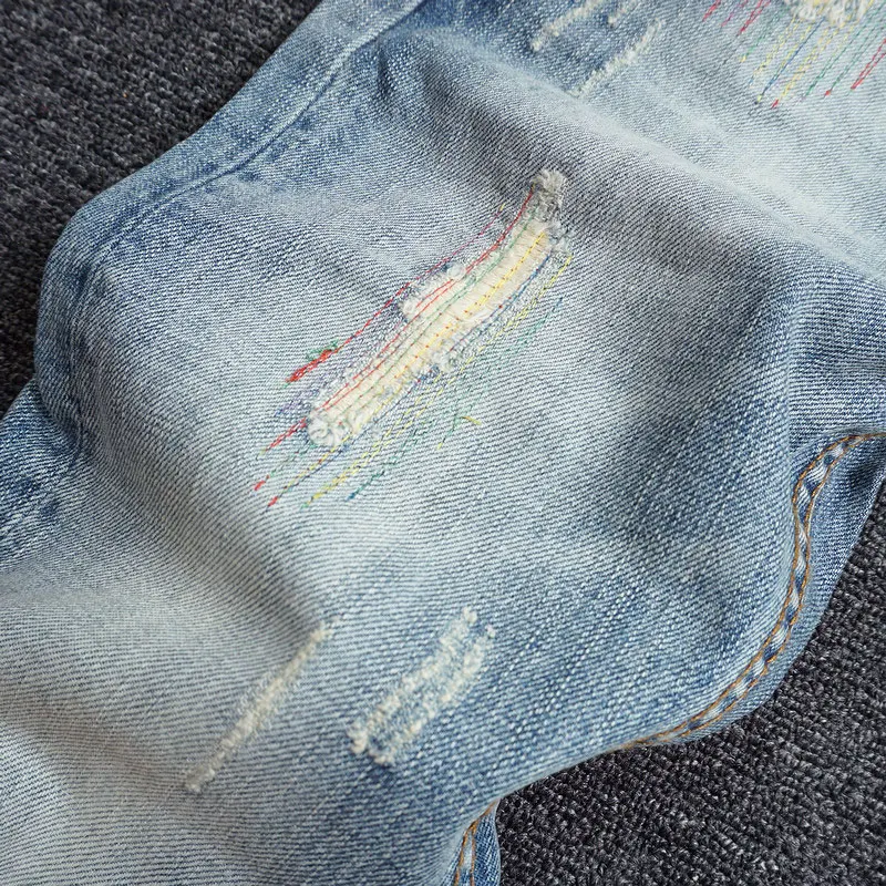 Korean Style Fashion Men Jeans Retro Light Blue Slim Fit Ripped Jeans Men Embroidery Designer European Street Denim Punk Pants