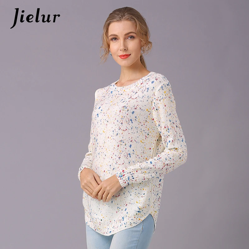 Jielur 2021 New Long-sleeved Printed Women's Sweater Casual Loose All-match Fashion Knitted Pullovers Europe Simple Female Tops | Женская