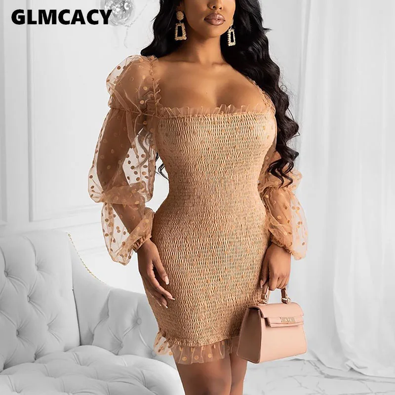 Женское мини платье в горошек с квадратным вырезом сексуальное облегающее