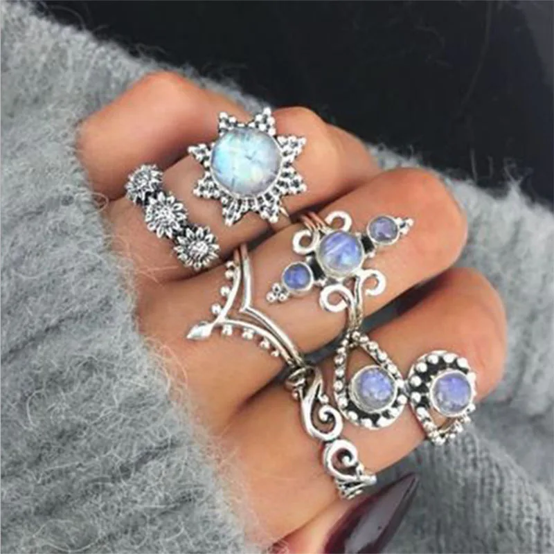 IPARAM 6 шт./компл. винтажное геометрическое кольцо с подсолнухами и опалами для