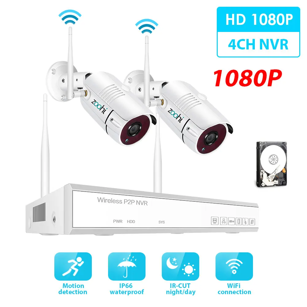 Zoohi 1080 P 2CH Беспроводной безопасности Камера Системы 2.0MP Wi-Fi HD видео Камеры Скрытого видеонаблюдения Системы Наборы IP66 открытый Ночное видение - Цвет: 1080P 2 Cameras
