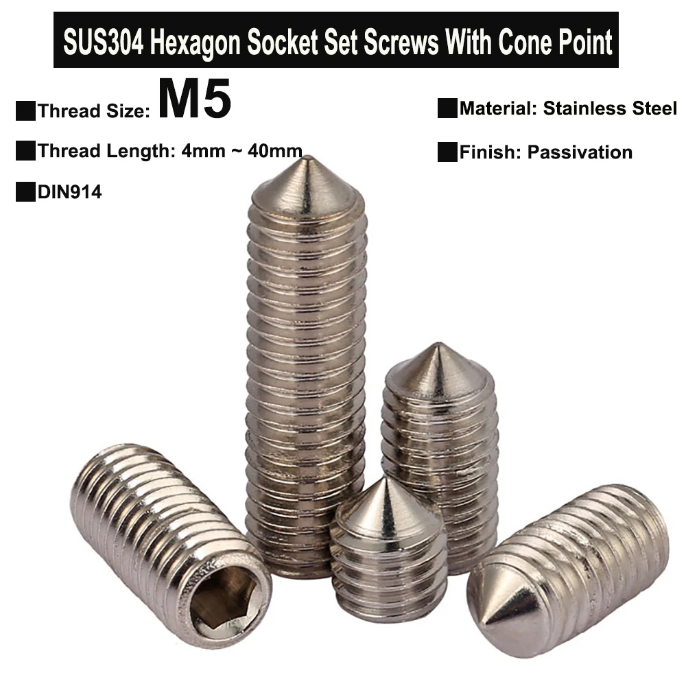 

50Pcs/20Pcs/10Pcs M5x4mm~40mm SUS304 Stainless Steel Hexagon Socket Set Screws With Cone Point Headless Screws Grub Screw DIN914
