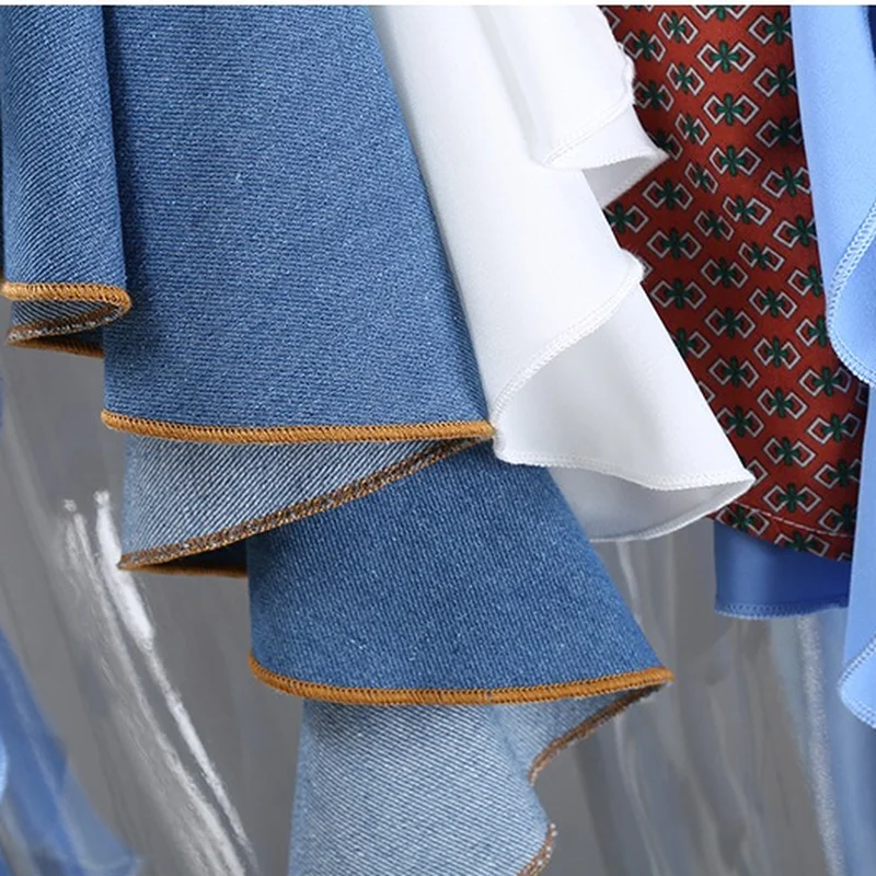 

2021 Spring Turn-down Collar Women Shirt Striped Jean Denim Irregular Contrast Color Patchwork Blouse Japanese Fashion Clothing