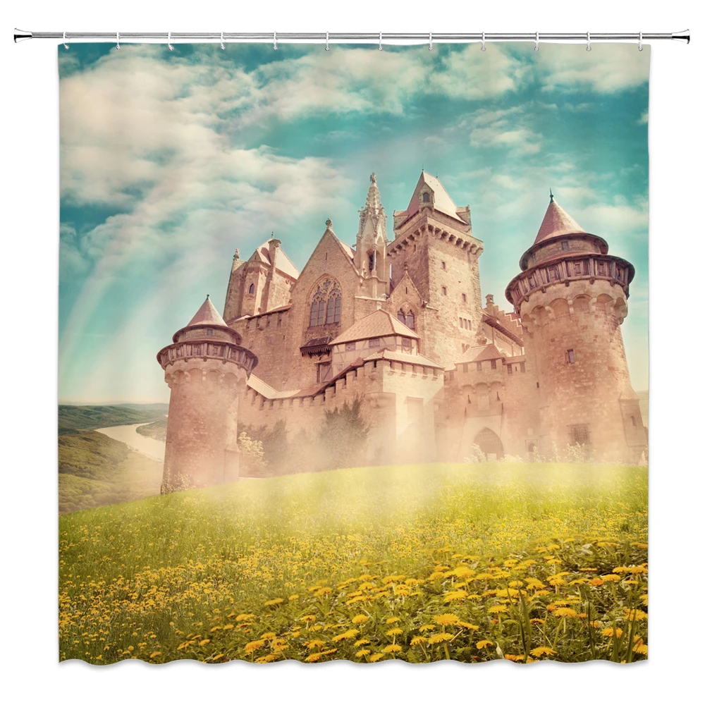 

Flower Castle River Bathroom Curtain 3d Waterproof Shower Curtain Retro House European French Style Shower Curtain
