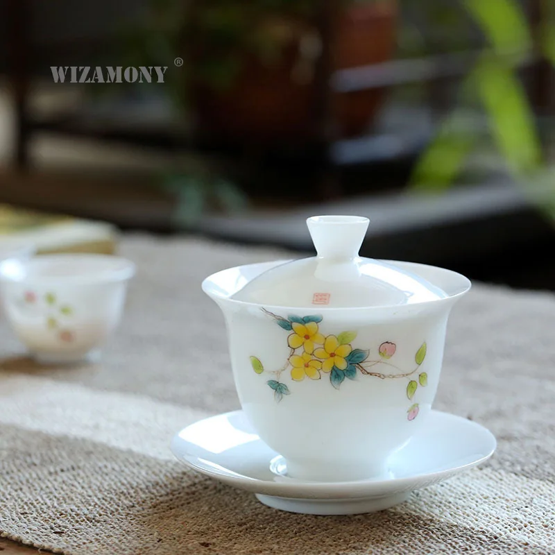 

Jade clay hand-painted white porcelain bowl large Chinese ceramic tea set under the glaze colorful tea tea cup wholesale custom