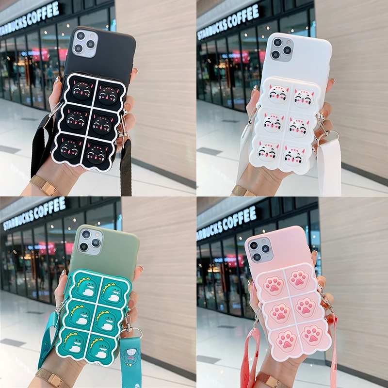 Lanyard Cat Soft Silicone Phone Case For VIVO V20 SE Y30 Y50 Y20 Y85 Y83 Y91 Y95 Y9 V17 X50 X60 Y51 2020 Coin Purse Wallet Cover