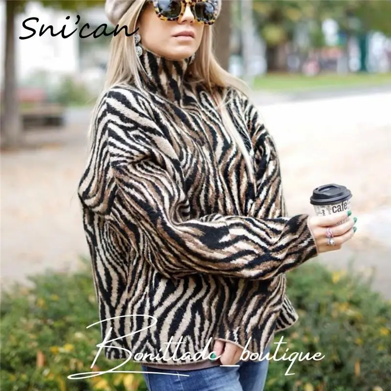 

Za Zebra Turtleneck Sweater Turtleneck Winter Casual Knitted Pullover Femme Vintage Female Chic Tops Women Clothing 2022 New