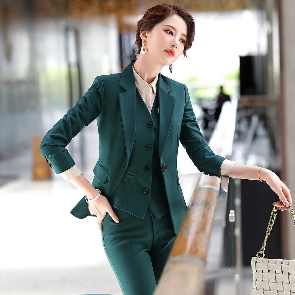 Высококачественный зеленый комплект из 3 предметов Женский офисный официальный
