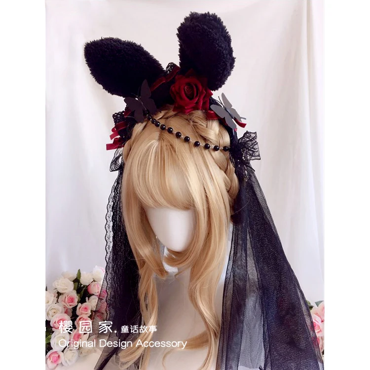 

Handmade Headband Rose Black Rabbit Ear Lace KC Headband Gothic Hair Accessories Lolita Hair Accessories Cosplay Headgear