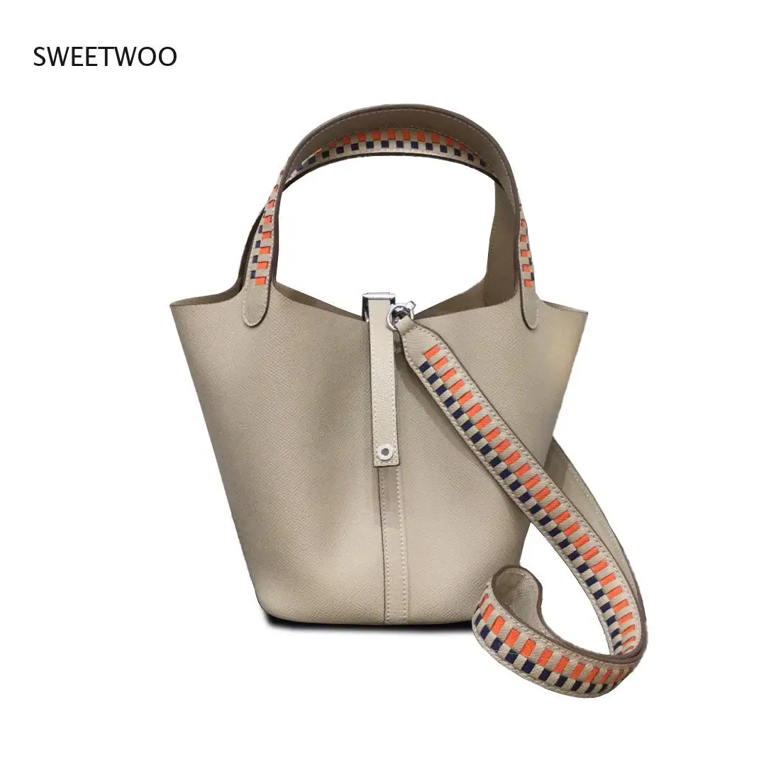 

High-Quality Woven Handle Shoulder Strap Basket Handbags Leather Bucket Cowhide Color Matching Shoulder Messenger Bag for Women