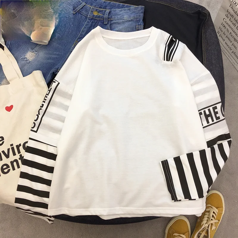 

T-shirt Women Long Sleeved Patchwork Fake Two Pieces Loose Harajuku T-shirt Students Korean Holes Fashion Womens Tees Clothing