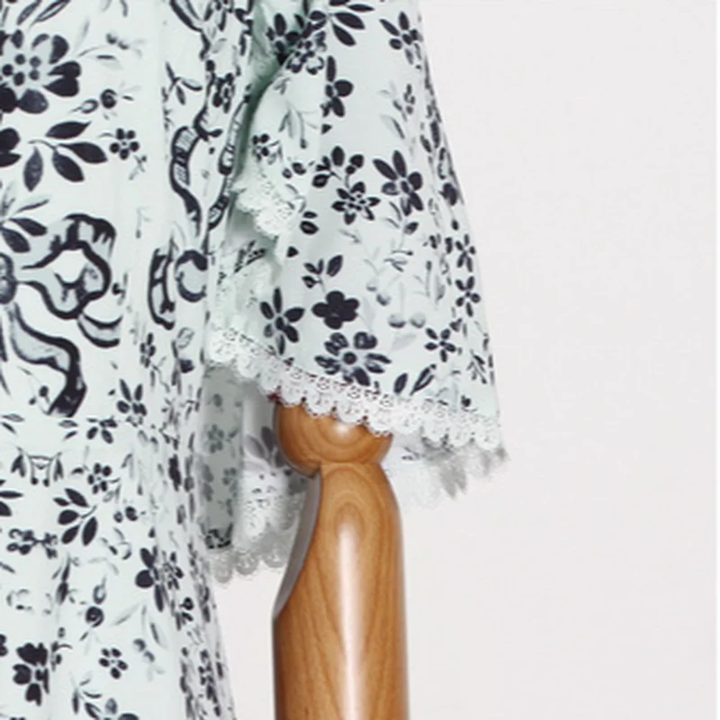 

2021 Summer O-neck Print Contrast Color Cascading Ruffle Vestido Lace Neckline High Waist Dress Elegant New Fashion Femme Robe