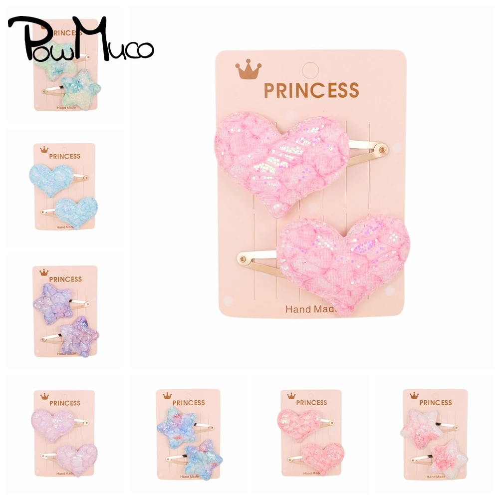 

Powmuco 2pcs/set Colorful Sequins Heart-shaped Stars Rainbow BB Clips Cute Baby Girls Bangs Hairpins Sweet Kids Hair Accessories