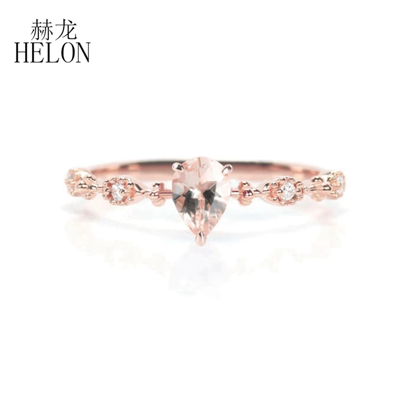 

HELON Solid 14k Rose Gold Morganite Pear cut 5x7mm Natural Morganite & DiamondsWomen Trendy Fine Jewelry Engagement Wedding Ring