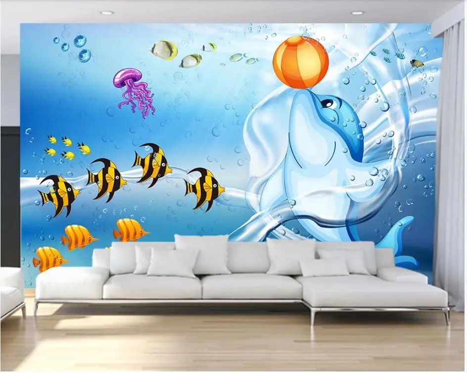 

Настенные 3d фотообои WDBH на заказ, Мультяшные морские животные, дельфины, рыбы, детский домашний декор, обои для стен гостиной 3 d